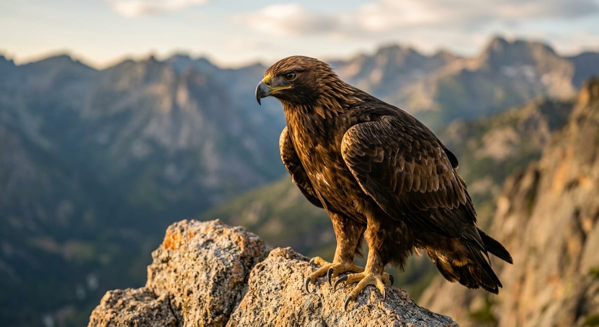 Alimentación del Águila Real Águila Real majestuosa posada en una montaña durante el atardecer, representando la alimentación de las águilas.