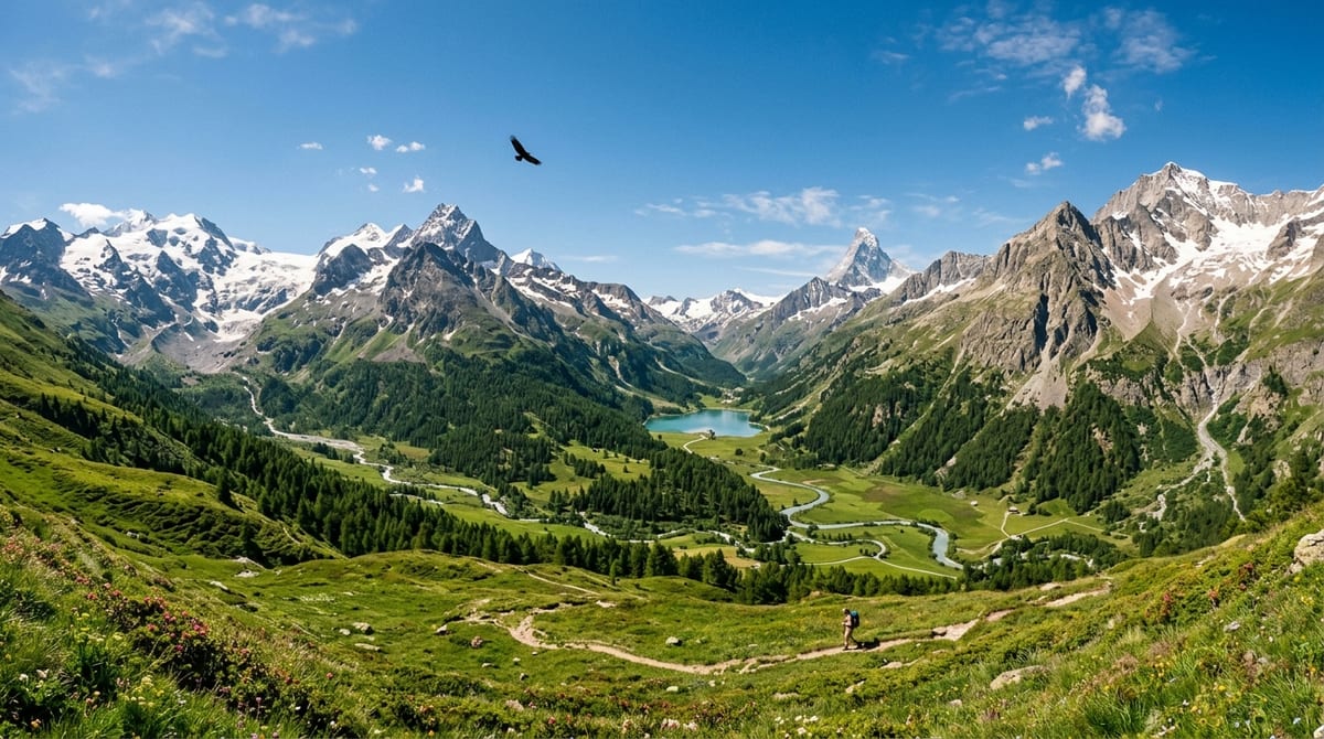 Conservación del hábitat de las águilas Paisaje natural protegido con un águila sobrevolando, simbolizando la conservación de la especie.