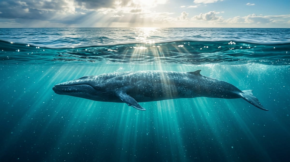 Majestuosa ballena azul Ballena azul, el animal más grande del mundo, nadando en aguas abiertas bajo la luz del sol
