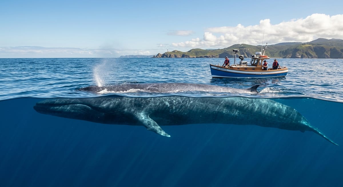 Escala de la ballena azul Comparación de tamaño entre una ballena azul y una embarcación pequeña en el océano