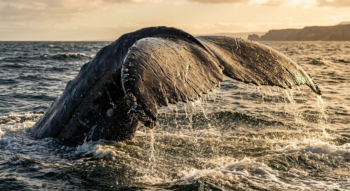 Anatomía de un gigante Detalle de la aleta caudal de una ballena azul gigante emergiendo del mar