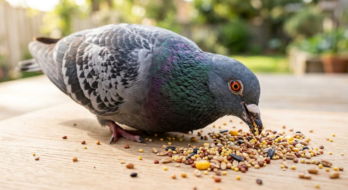 Dieta natural de la paloma Paloma doméstica alimentándose de una mezcla saludable de granos y semillas naturales en un entorno iluminado.
