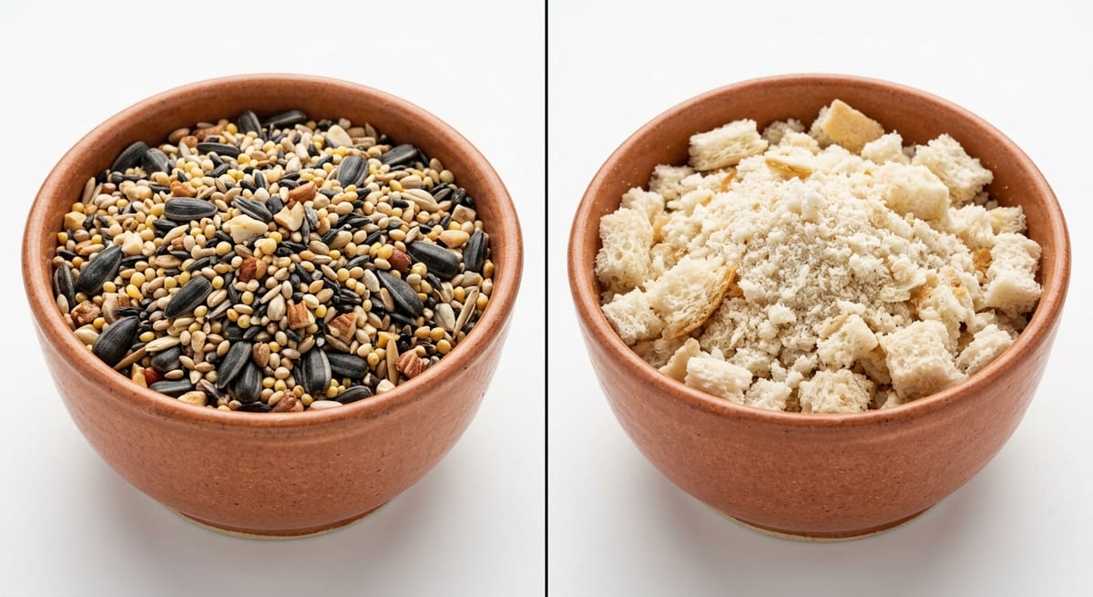 Mezcla ideal vs Dieta urbana Comparativa visual entre una mezcla ideal de semillas y el pan procesado perjudicial para palomas.