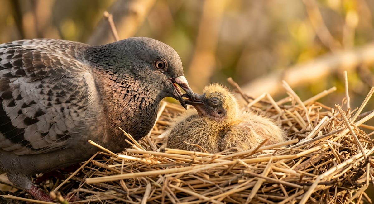 Alimentación de pichones Paloma adulta alimentando a su pichón con leche de buche en un nido seguro y limpio.