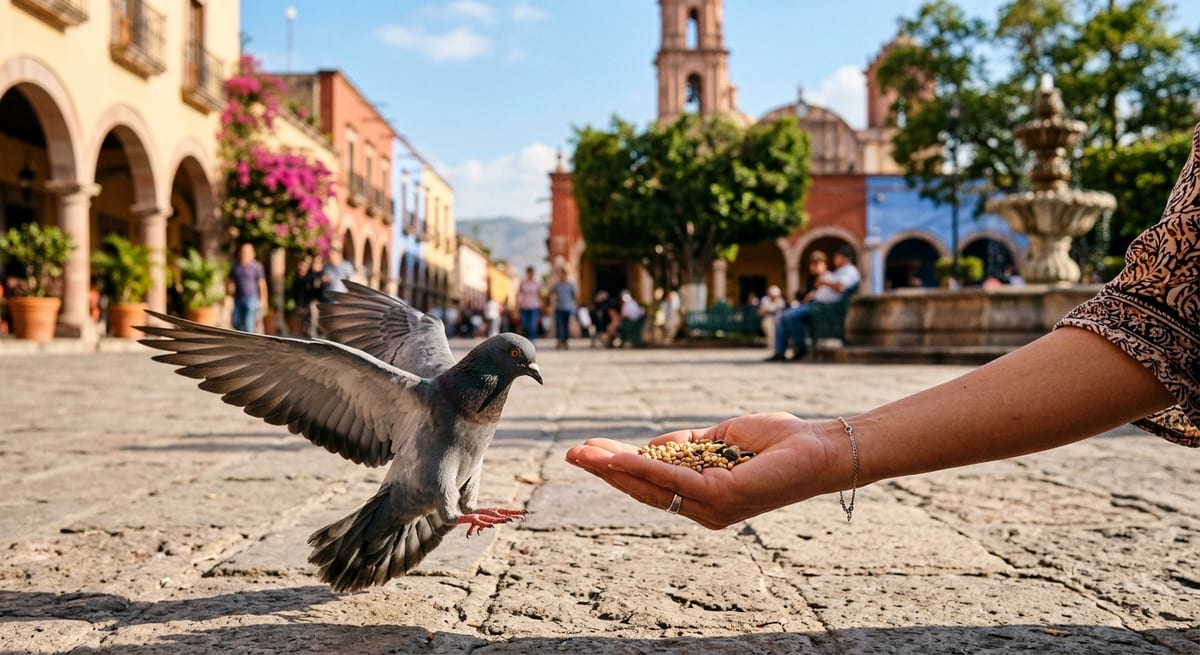 Alimentación responsable en México Persona alimentando palomas de forma responsable con semillas en una plaza pública de México.