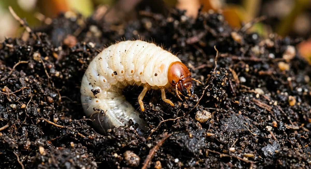Larva Gallina Ciega en el suelo Larva de escarabajo conocida como Gallina Ciega en tierra fértil de jardín