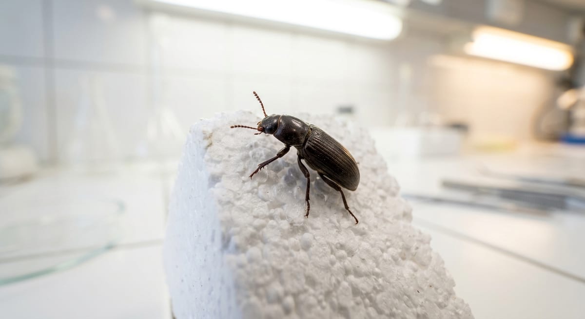 Escarabajos y el futuro del reciclaje Escarabajo Tenebrio molitor consumiendo plástico para reciclaje biológico