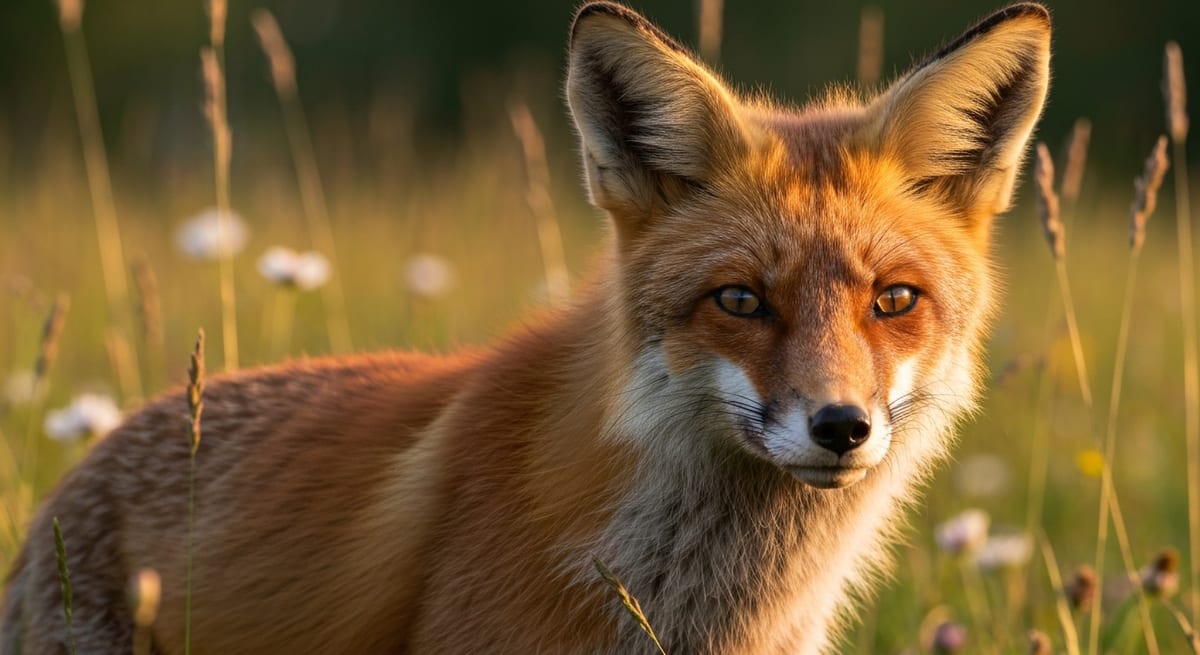 Zorro rojo en la naturaleza Zorro rojo en un prado soleado representando la dieta de los zorros en su hábitat natural.