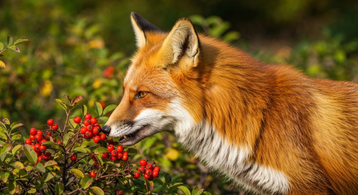 Zorro comiendo frutas silvestres Zorro alimentándose de bayas silvestres, ilustrando la alimentación de los zorros más allá de la caza.
