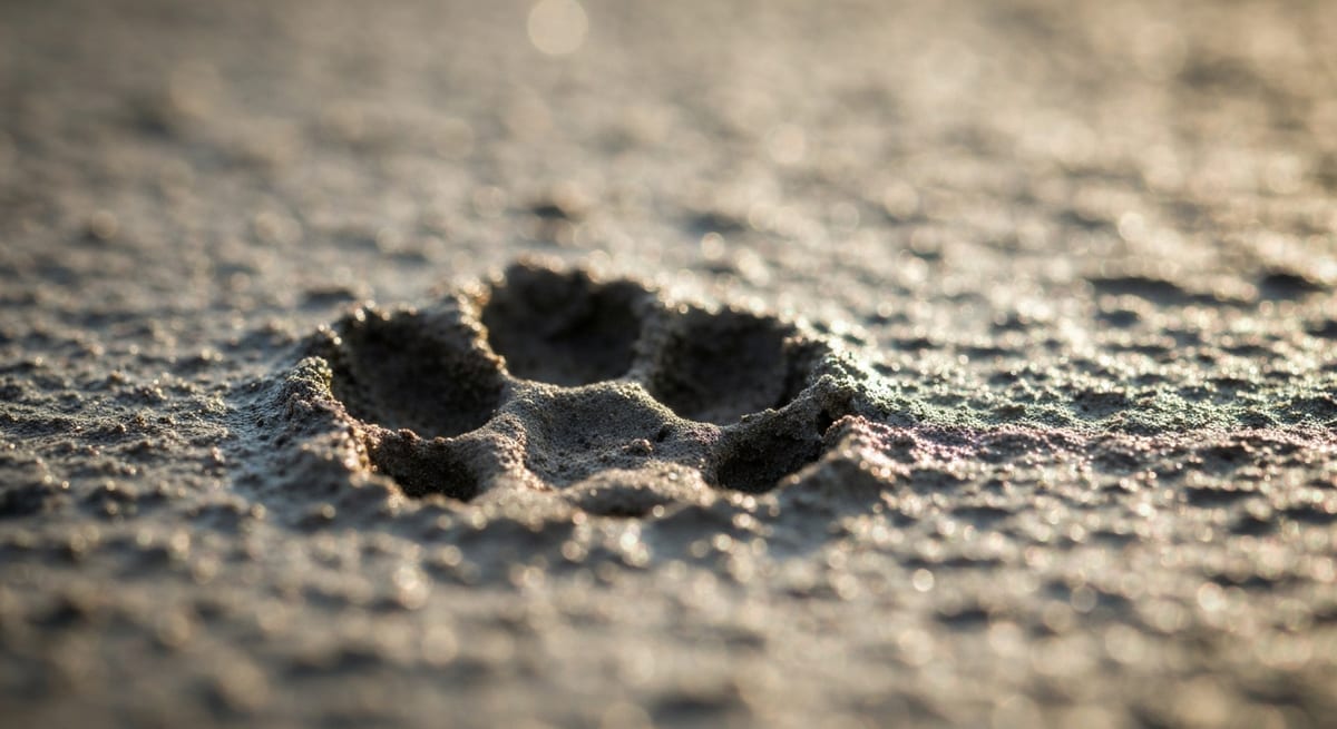 Guía visual de rastreo de zorros Huella de zorro en el barro y restos de comida para identificar el rastro de alimentación de un zorro.