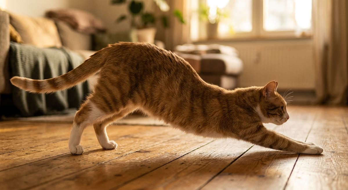 Flexibilidad del esqueleto felino Gato estirándose para demostrar la flexibilidad del esqueleto felino y su capacidad de 'gato líquido'.
