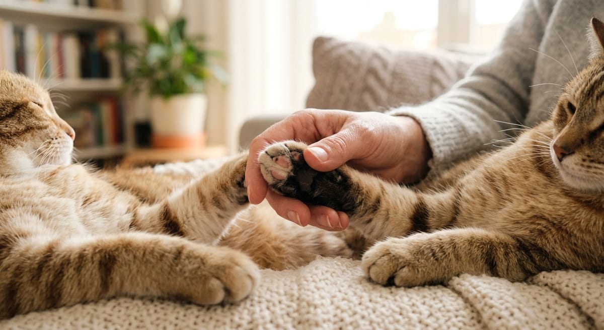 Chequeo anatómico en casa Dueño realizando un chequeo anatómico preventivo a su gato en un ambiente relajado.