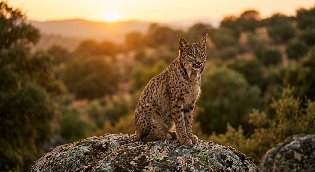 Lince ibérico en libertad sobre una roca durante el atardecer en la Sierra de Andújar, España.