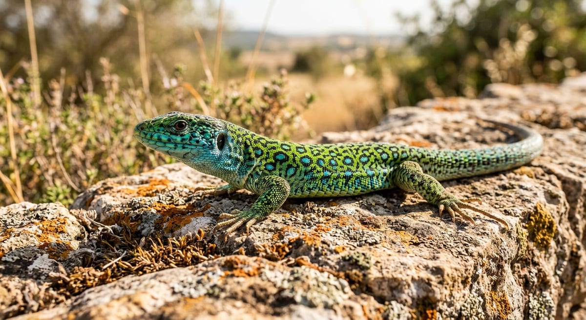 Lagarto ocelado, el gigante de nuestros reptiles Lagarto ocelado con escamas verdes y azules sobre una piedra al sol en la dehesa.