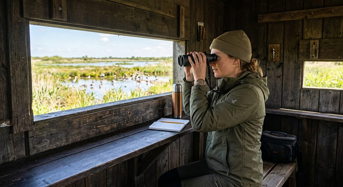 Práctica de avistamiento ético Persona practicando avistamiento ético de aves con prismáticos desde un hide de madera.
