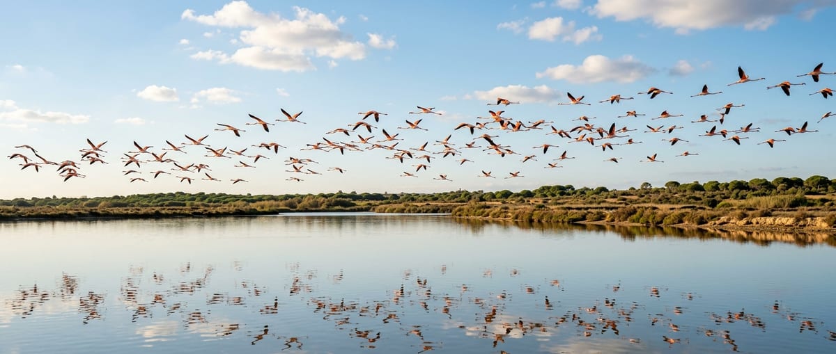 Migración de flamencos en Doñana Flamencos rosas volando sobre las marismas de Doñana durante la migración.