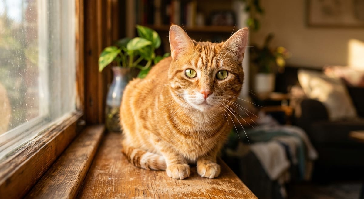 Gato naranja carismático Gato naranja doméstico sentado bajo la luz del sol resaltando su pelaje brillante