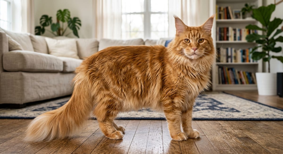 Maine Coon naranja Gato Maine Coon naranja de pelo largo representando una de las razas más queridas