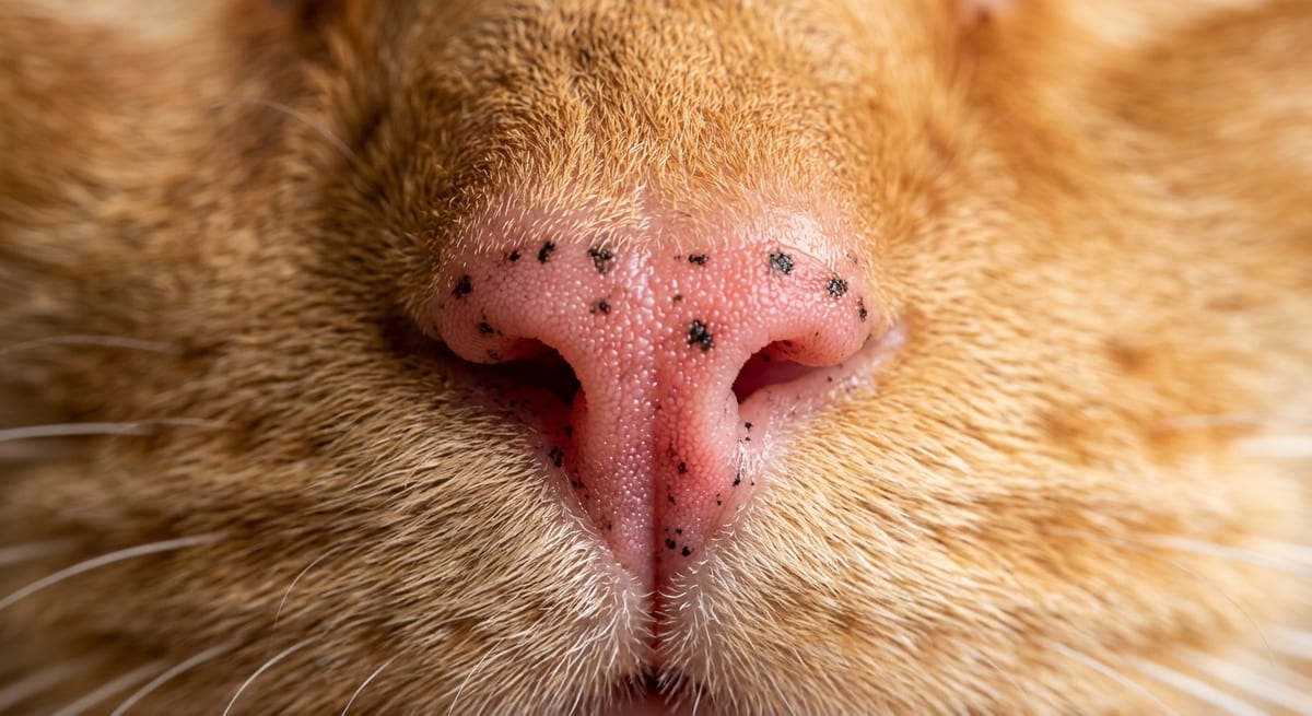 Pecas en gatos naranjas Primer plano de pecas negras en la nariz de un gato naranja conocidas como lentigo