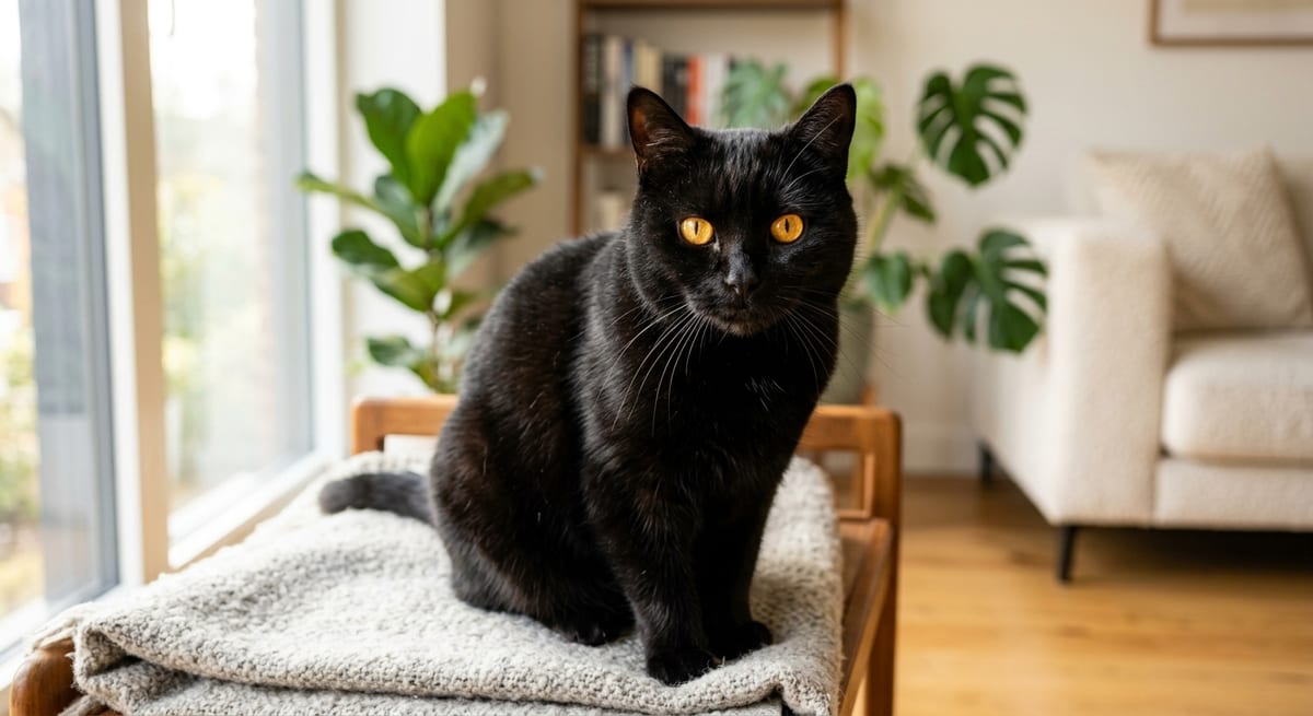 Gato negro elegante de pelaje brillante y ojos amarillos en una casa iluminada