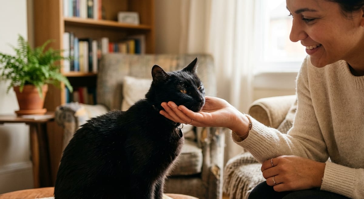 Personalidad del gato negro Gato negro amigable interactuando con su dueño en un entorno hogareño cálido