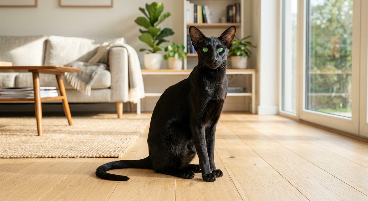 Gato Oriental de Pelo Corto Gato oriental de pelo corto elegante sentado en un hogar moderno, guía de razas de gatos orientales.