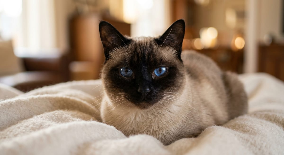 Gato Siamés Tradicional Gato Siamés de ojos azules descansando, una de las razas de gatos orientales más populares.