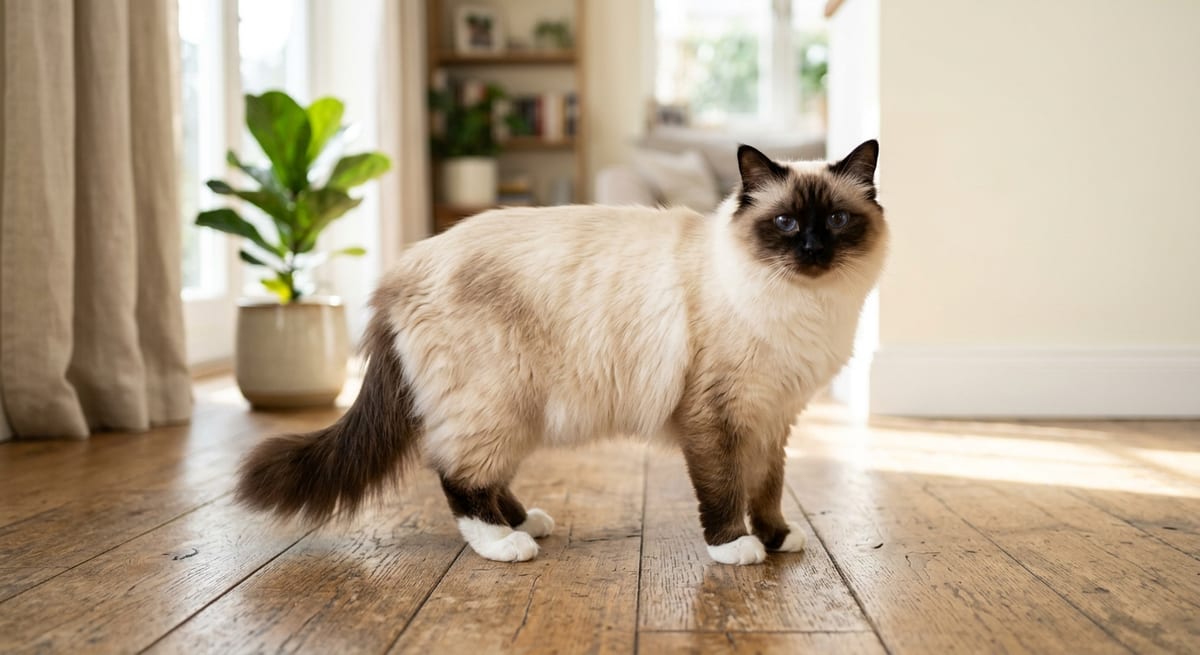 Gato Sagrado de Birmania Gato Birmano sagrado con guantes blancos en las patas, equilibrio entre razas orientales.