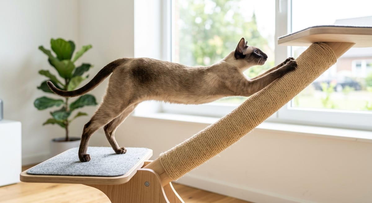 Salud y Vitalidad Felina Gato oriental activo y saludable en casa, consejos de salud y prevención para dueños.
