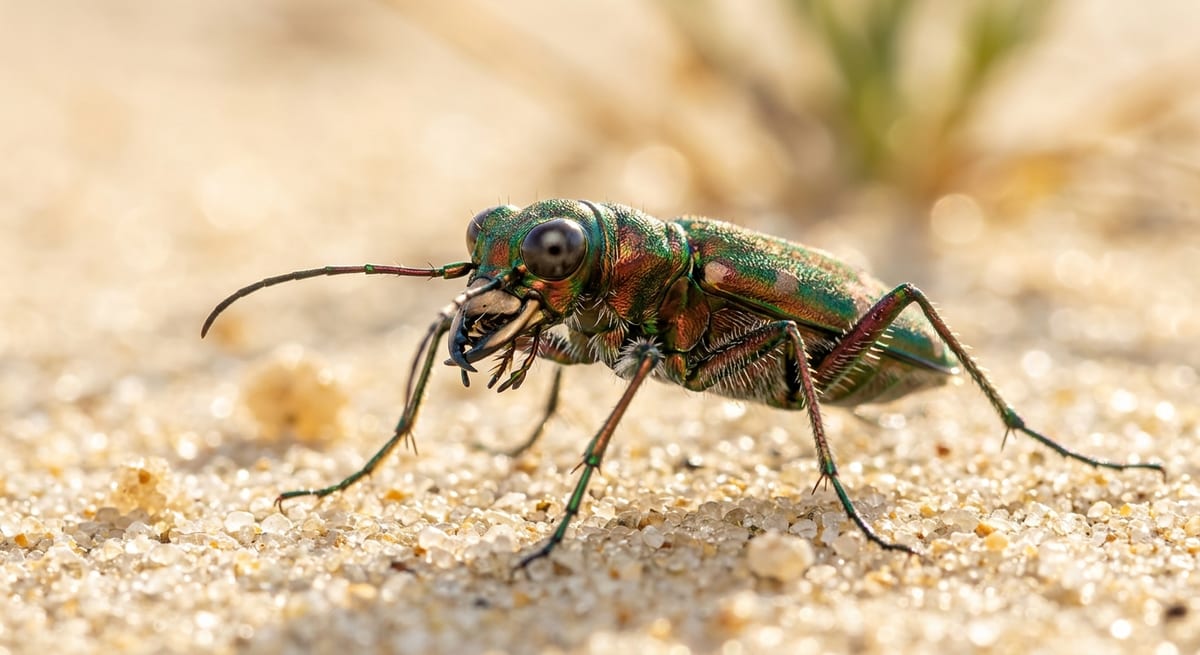 Velocidad en miniatura Escarabajo tigre en la arena, ejemplo de velocidad relativa extrema en animales pequeños