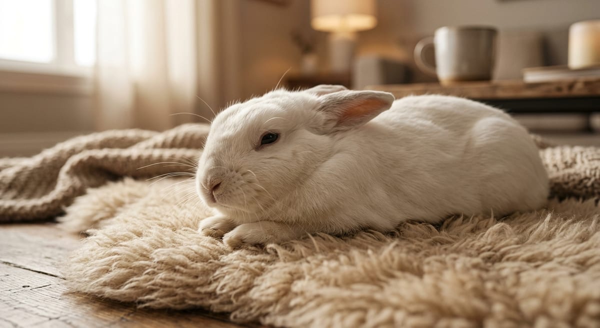 Diccionario de ruidos del conejo Conejo blanco relajado en una alfombra, representando los ruidos comunes de felicidad y tranquilidad.