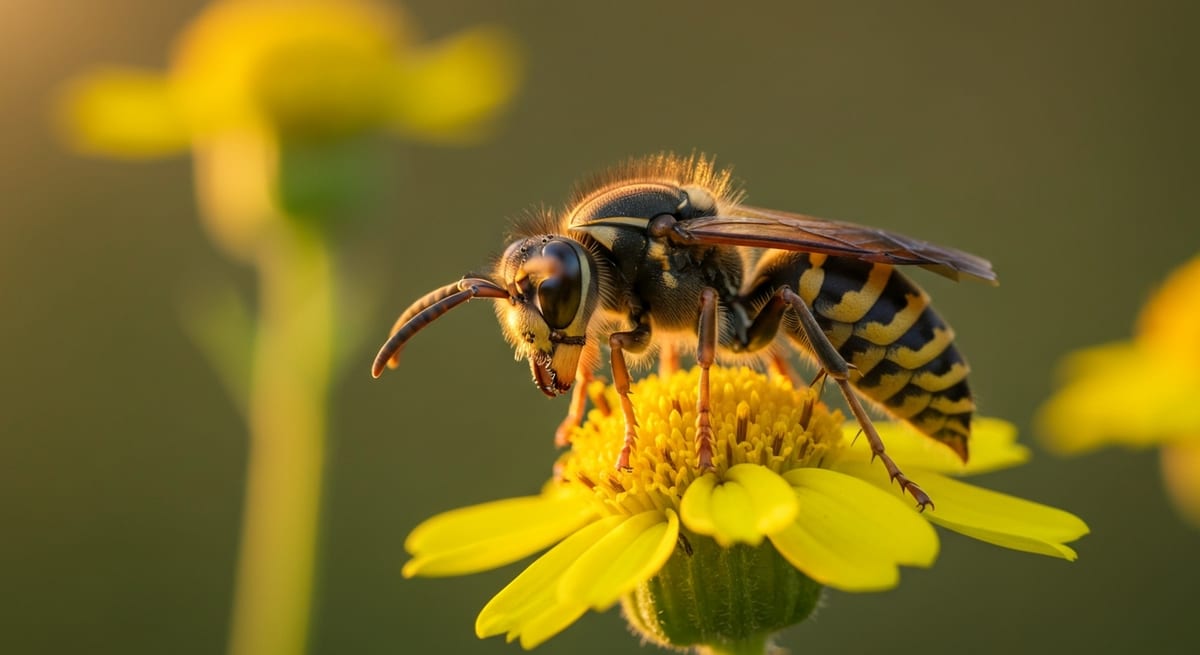 Avispa común sobre una flor, ejemplo de los tipos de avispas más frecuentes en jardines.