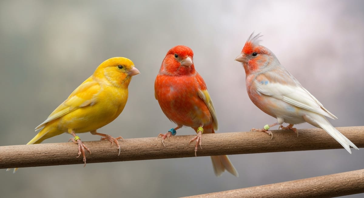 Principales razas de canarios Variedad de tipos de canarios populares incluyendo canarios de color, canto y postura sobre una rama.