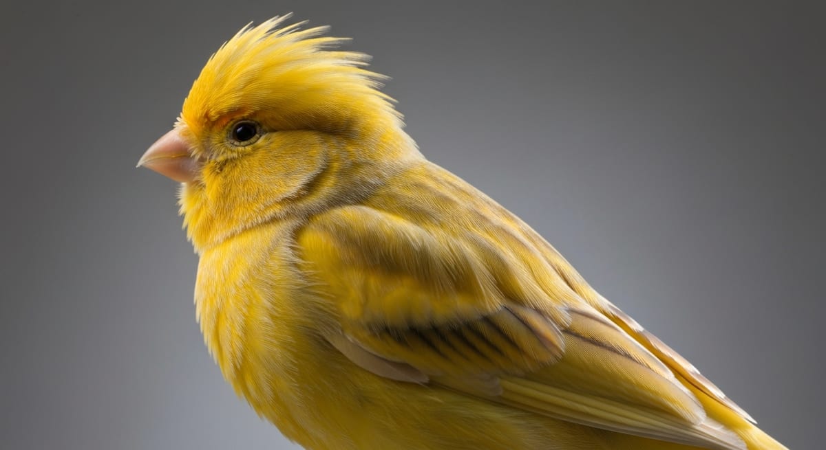 Ejemplo de canario de postura Canario de postura Gloster Fancy con su característica corona de plumas sobre la cabeza.