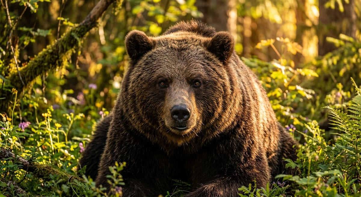Oso pardo en libertad Oso pardo en un bosque soleado preparándose para la temporada de hibernación.