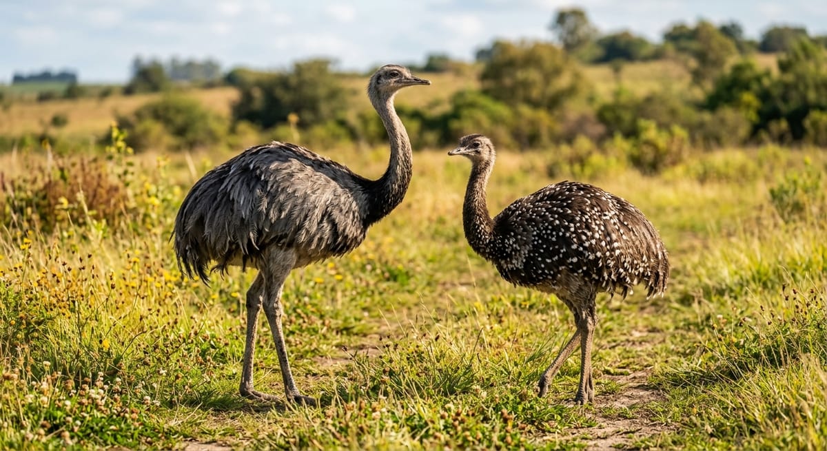 Tipos de ñandú Comparativa visual entre el ñandú común y el ñandú de Darwin en su hábitat