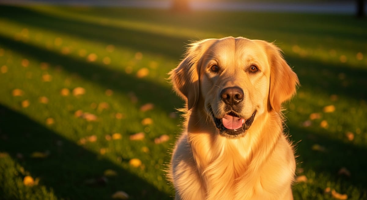 Golden Retriever al aire libre Perro Golden Retriever sonriente sentado en un parque soleado con pelaje dorado brillante.