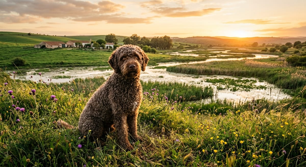 Perro de Agua Español marrón sentado en un entorno natural de marismas al atardecer.