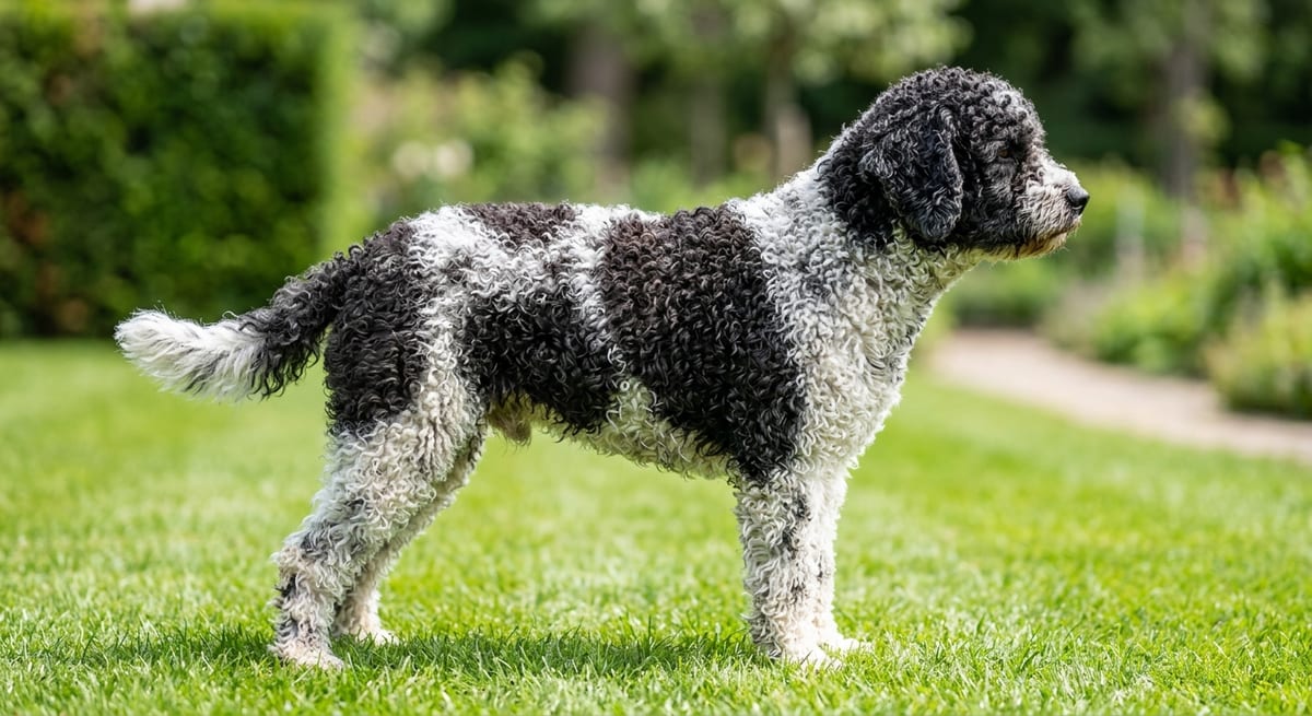 Estructura física de la raza Morfología y características físicas del Perro de Agua Español bicolor blanco y negro.
