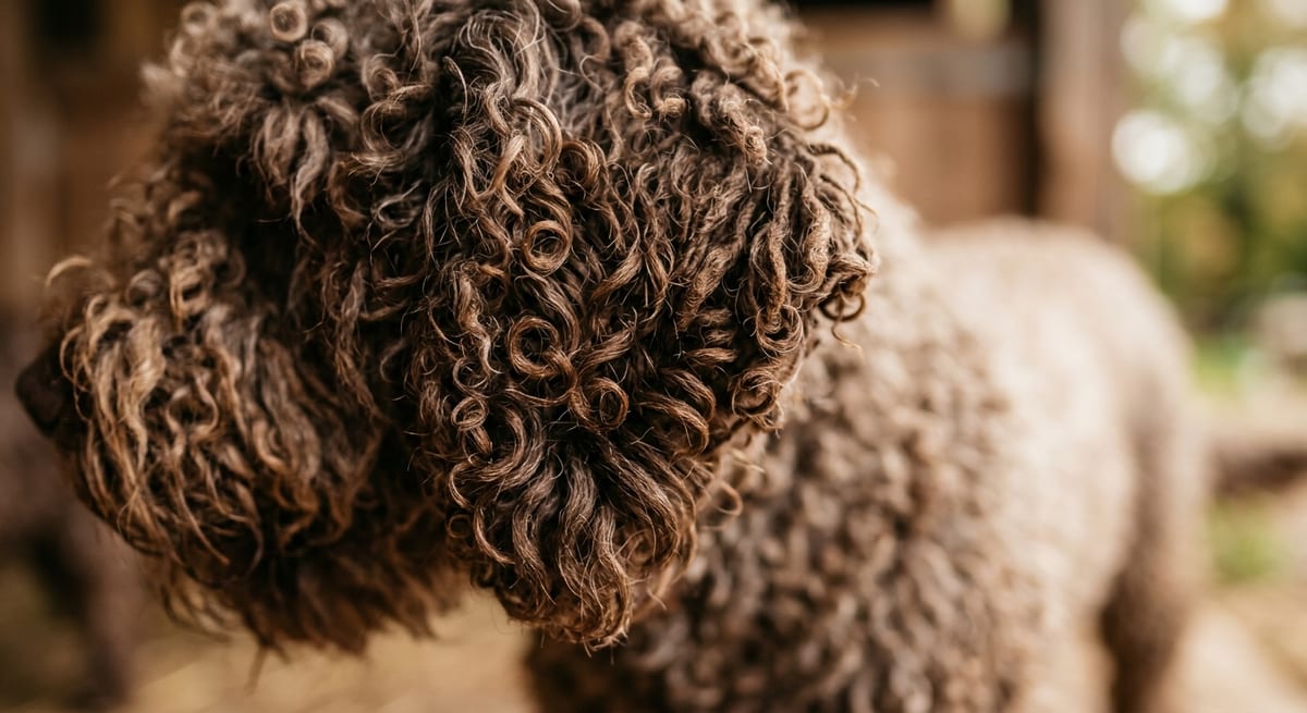 Textura del pelaje rizado Detalle del pelaje rizado y cordado natural del Perro de Agua Español sin cepillar.