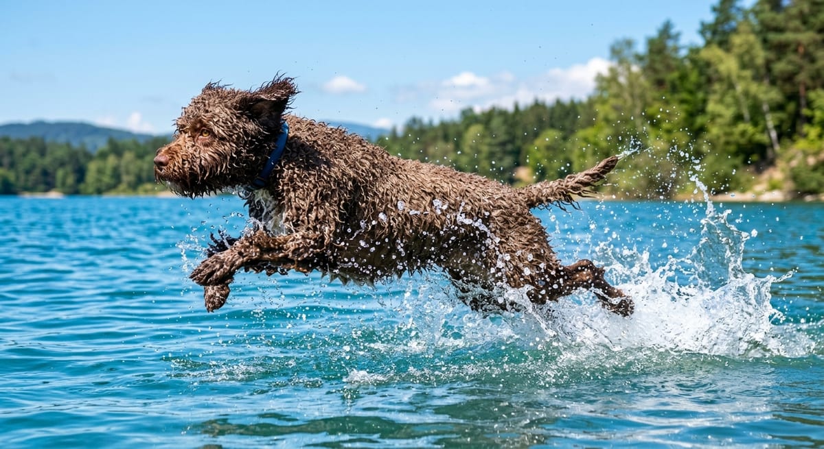 Agilidad y trabajo acuático Perro de Agua Español saltando al agua realizando actividades deportivas y de cobro.