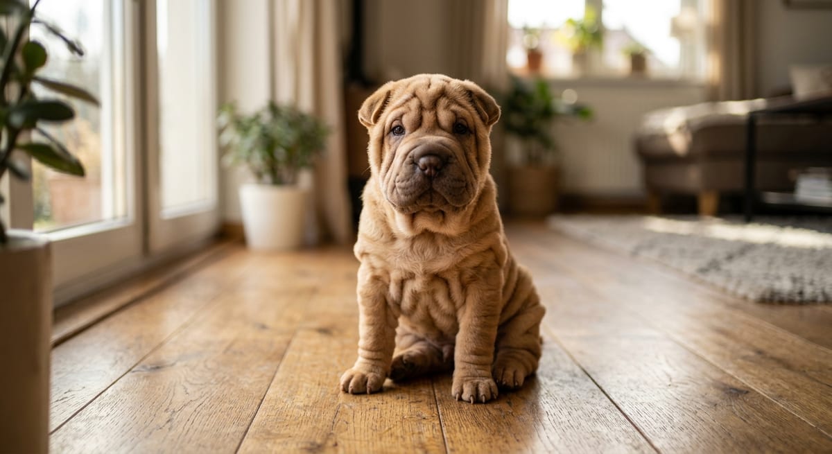 Shar Pei cachorro en casa Cachorro Shar Pei con arrugas características descansando en un hogar cálido e iluminado