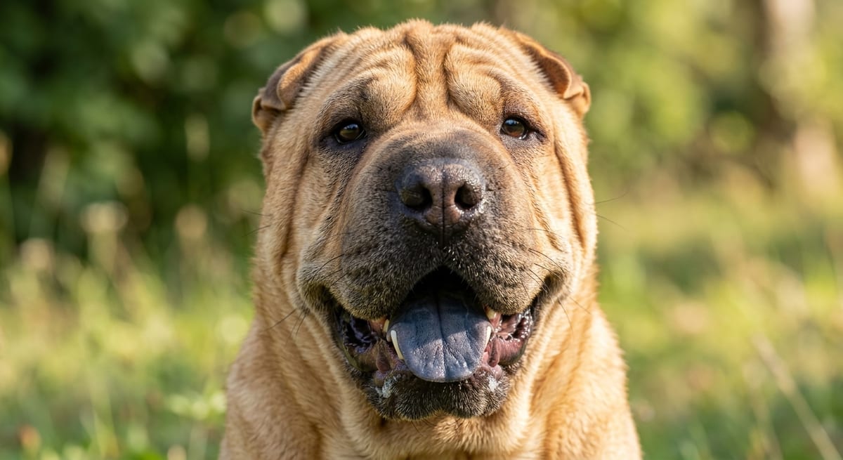 Lengua azul del Shar Pei Detalle de la lengua azul de un perro Shar Pei adulto resaltando sus rasgos físicos únicos