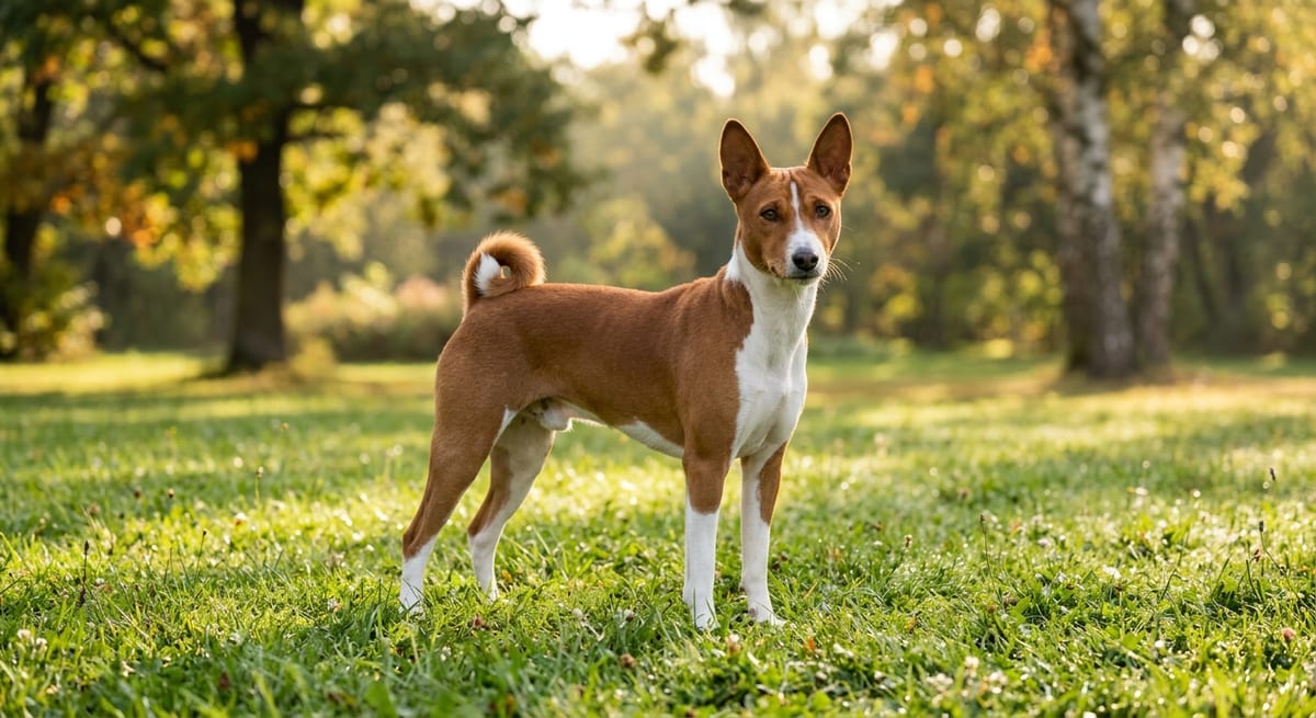 Perro de raza Basenji mostrando su postura elegante y cola enroscada en un entorno natural.