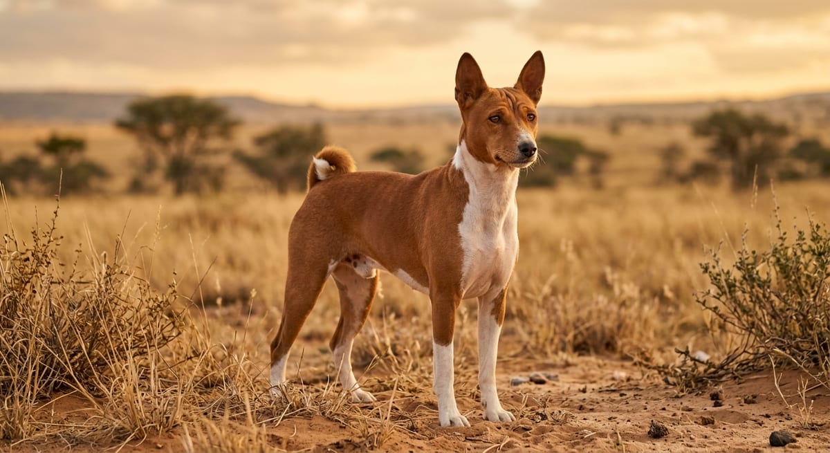 Origen del Basenji Basenji en un paisaje cálido que representa su origen como el perro de los faraones.