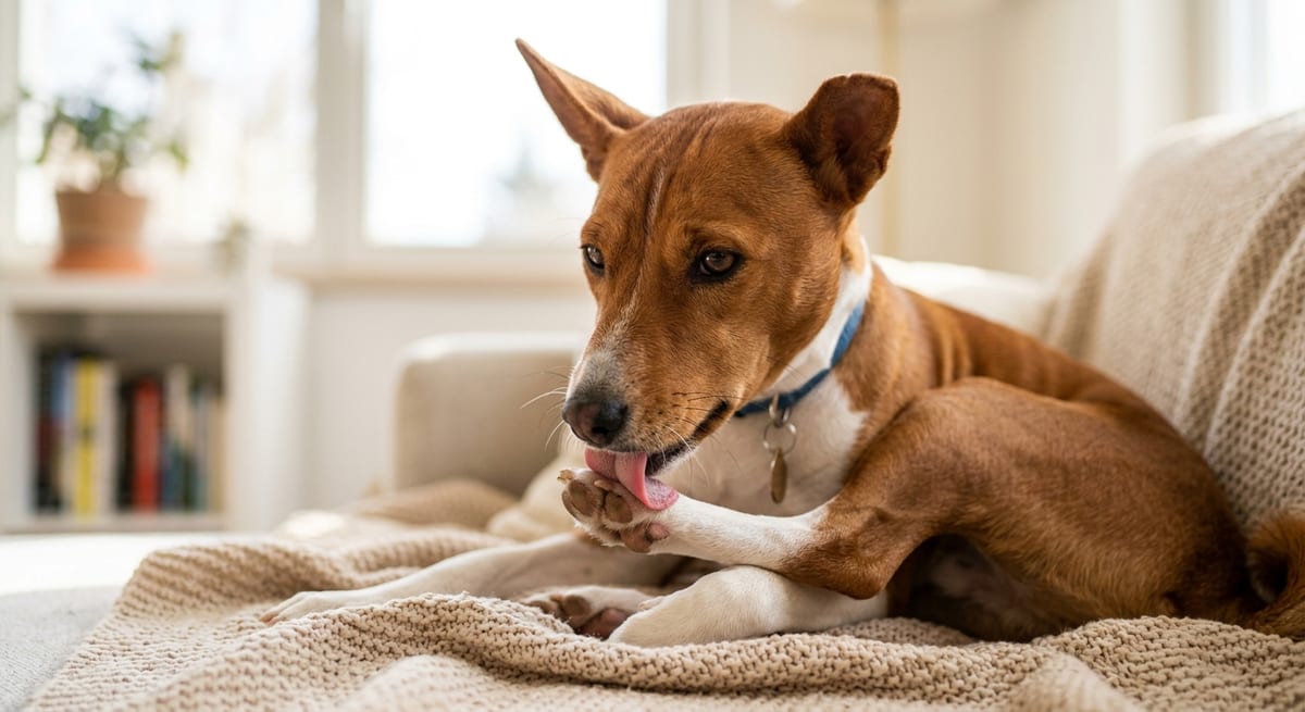 Características del perro-gato Detalle de un Basenji aseándose, resaltando sus características físicas únicas y comportamiento felino.