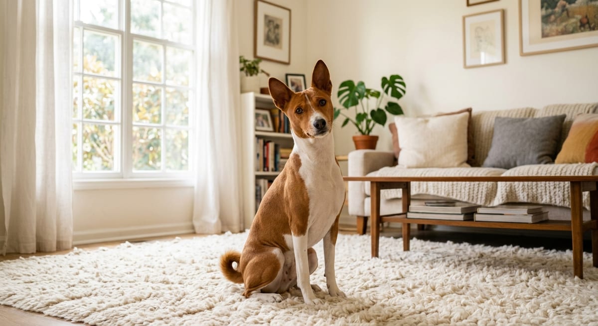 Temperamento del Basenji Perro Basenji en un hogar mostrando su temperamento independiente y curioso.