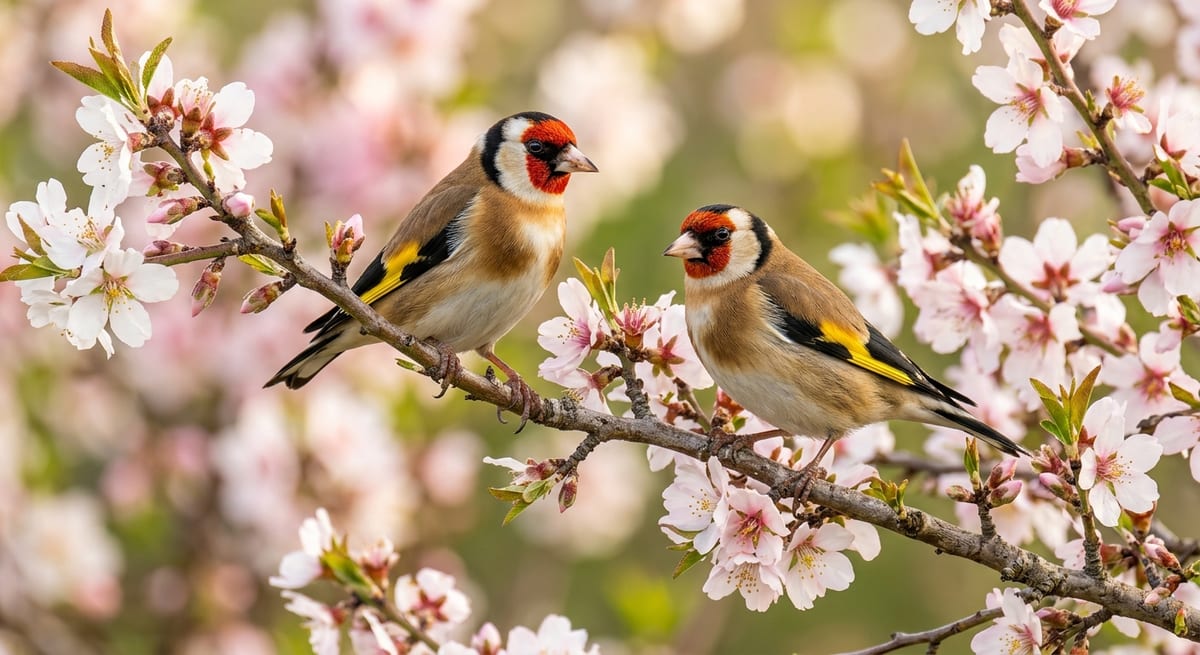 Diferencias visuales jilguero Comparativa de jilguero macho y hembra posados en una rama resaltando las diferencias de color