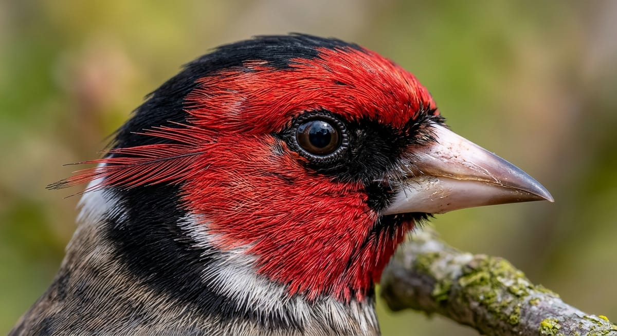 La regla del madroño en jilgueros Detalle del madroño de un jilguero macho superando la línea del ojo
