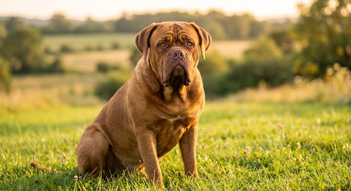 Dogo de Burdeos majestuoso Dogo de Burdeos adulto sentado en un jardín soleado mostrando su imponente físico y arrugas faciales